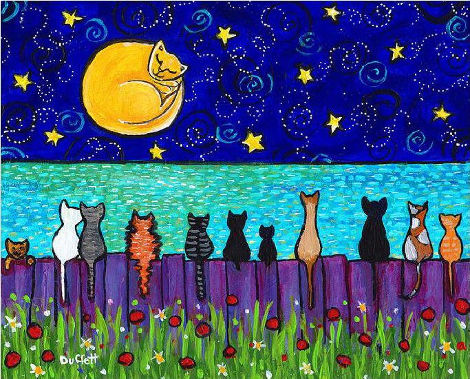 Cat at night painting. Shelagh Duffett Full Moon Cats