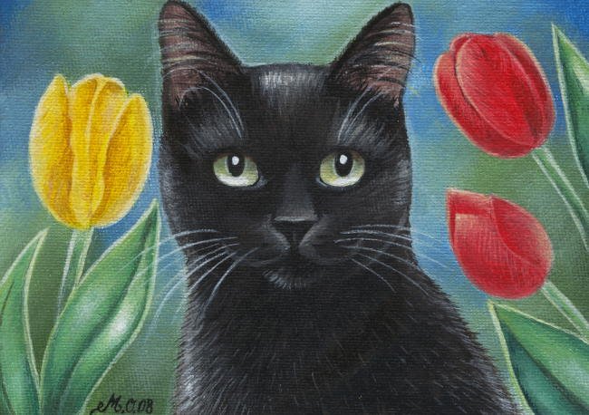Black Cat and Tulips