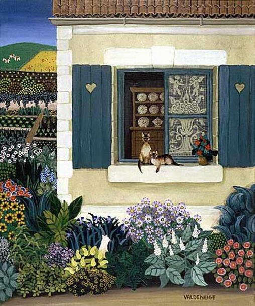 Siamese at the Window - with Flowers. Monique Valdeneige