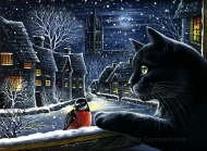 Night cat and bullfinch - Irina Garmashova